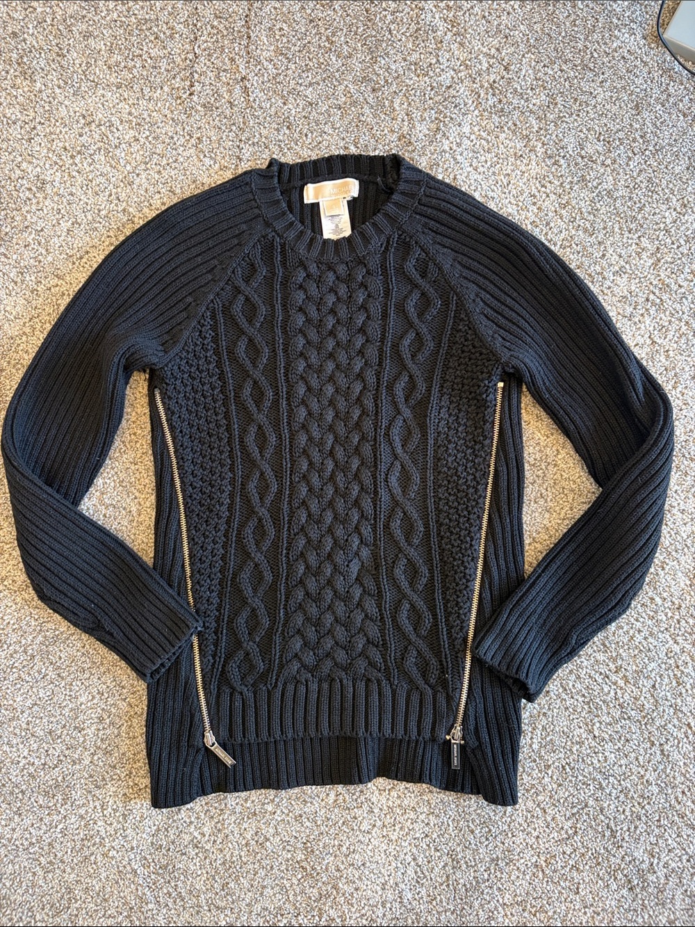 MICHAEL Michael Kors Black Cable-Knit Crewneck Sweater with Side Zips size small